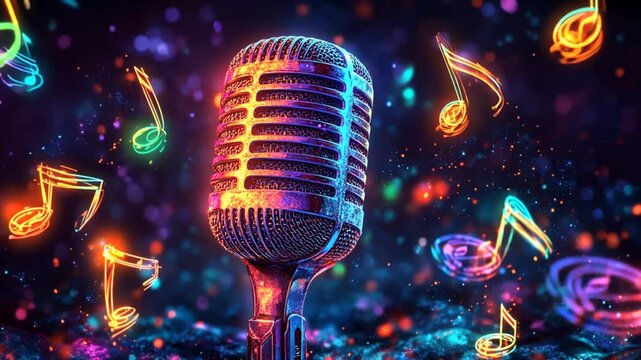 Retro microphone, vibrant musical notes, dark background.  Possible use stock photo for music, concerts, or entertainment
