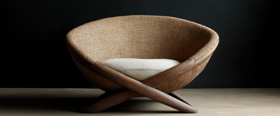 Unique modern chair with wooden cross-legged base and a textured woven bucket seat
