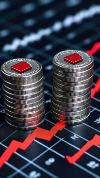 Stacks of coins sit atop a financial chart, with red lines showing market trends