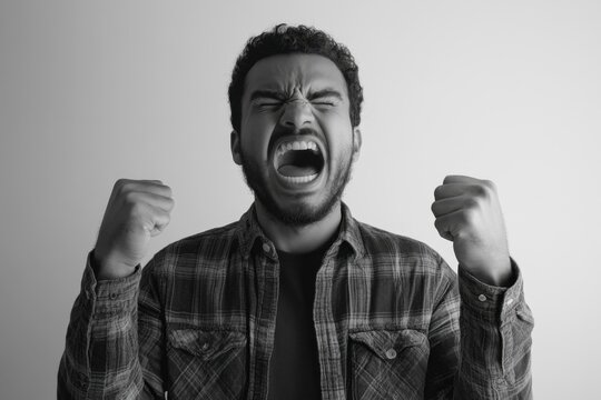 Frustrated Arab Man Screaming with Closed Eyes and Fists Raised in Exasperation