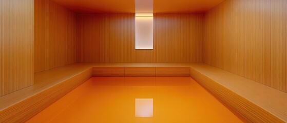 Warm-toned interior with minimalist design, seating and light well in a room with orange floor