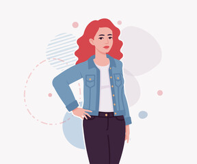 Woman with dyed red hair wearing denim jacket standing pose. Attractive bright female, trendy sporty look, jeans for relaxed city life style. Vector flat style cartoon illustration creative background