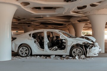 Wrecked white car sits under a building, severely damaged after an accident with no frame or doors