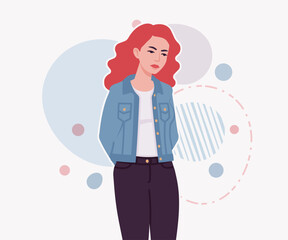 Woman with dyed red hair wearing denim jacket worry pose. Attractive bright female, trendy sporty look, jeans for relaxed city life style. Vector flat style cartoon illustration creative background