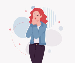 Woman with dyed red hair wearing denim jacket waiting pose. Attractive bright female, trendy sporty look, jeans for relaxed city life style. Vector flat style cartoon illustration creative background