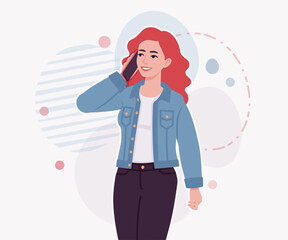Woman with dyed red hair wearing denim jacket smartphone talk pose. Bright female, trendy sporty look, jeans for relaxed city life style. Vector flat style cartoon illustration creative background