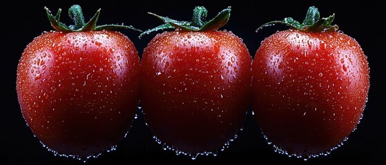 Three ripe tomatoes, with water droplets, sit against a dark background