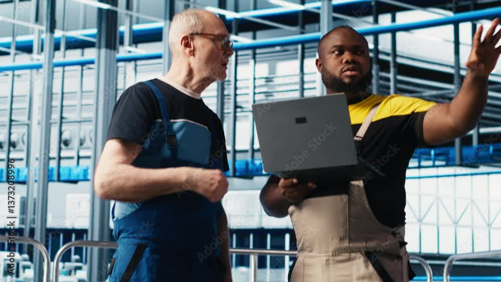 Poster smart factory senior engineer teaches intern to implement automated workflows, computerizing manual 