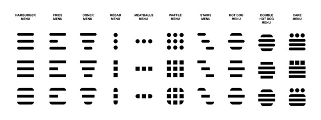 Set of hamburger menu icons. Different web buttons for page navigation isolated on white background. Website interface elements for mobile application. Vector graphic illustration.