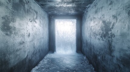 Obraz premium A cold and icy hallway leads to a bright illuminated doorway