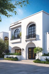 Elegant modern architecture features white walls, arched windows, and lush greenery in a tranquil setting under a clear blue sky