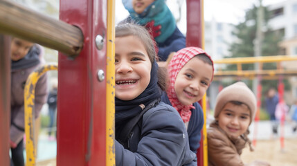 Smiling girl with hijab at colorful playground.