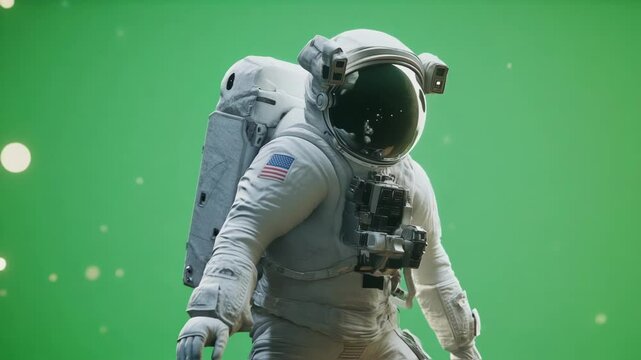 Astronaut wearing a spacesuit with an american flag patch floats against a green screen background, small particles resembling space debris are visible