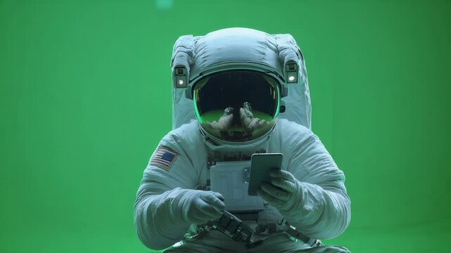 Astronaut wearing a spacesuit with an american flag patch uses a smartphone against a vibrant green screen backdrop, ideal for chroma keying and compositing