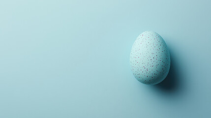 Single speckled Easter egg on pastel blue background evokes serene atmosphere