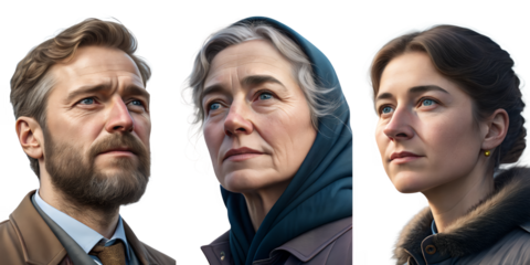 Contemplative Faces: A portrait series of three individuals, each with a unique expression, evoking deep thought and introspection. Capturing the nuances of human emotions.