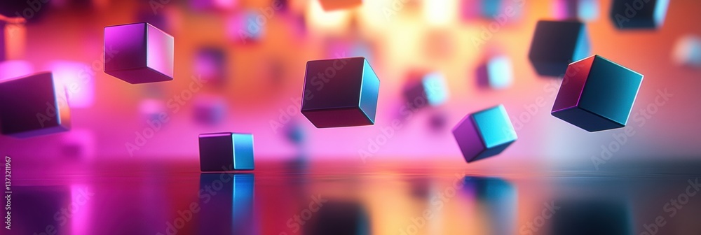 Aufkleber Futuristic minimalistic background featuring floating colorful 3D cubes with soft reflections and vibrant neon color gradients