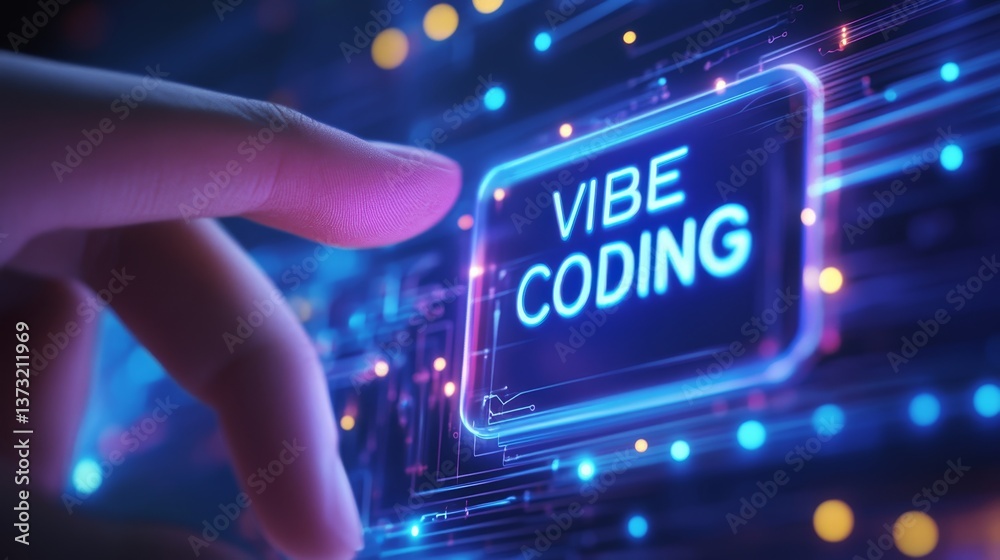 Fototapete finger pressing vibe coding button on monitor screen. vibe coding concept. technology background