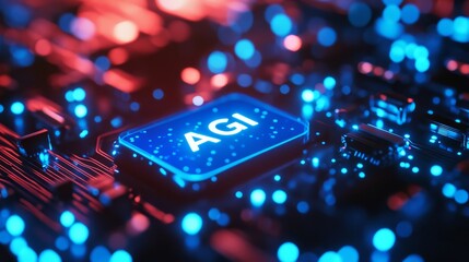 Glowing blue AGI button. Technology background