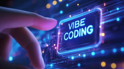 Finger pressing vibe coding button on monitor screen. Vibe coding concept. Technology background