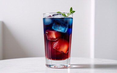 Tall glass filled with a vibrant layered drink, showcasing red and blue hues, chilled with ice cubes and garnished with a sprig of mint.