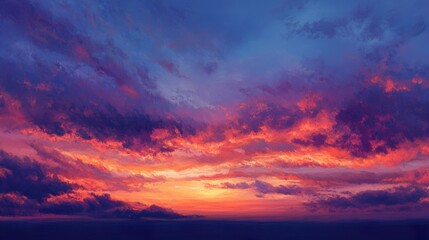 Dramatic skyscape displaying a fiery sunset with vivid shades and textures
