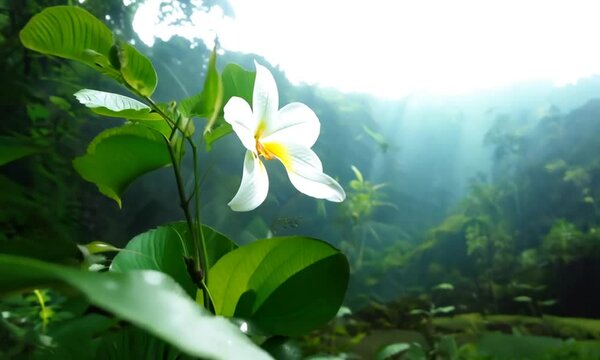 natural landscape view of floral orchid flower with fern leaves in lush rain forest field in background in greenery tree rain forest.Tropical green leaf.