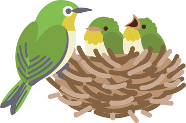メジロの子育てイラスト/
Parent White-eye Feeding Chicks Illustration