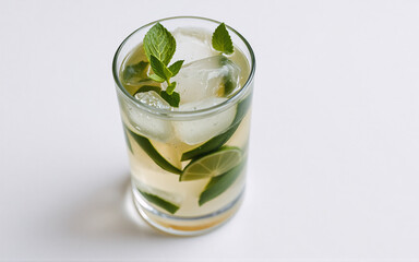 Refreshing drink with ice cubes, mint leaves, and lime wedges in a clear glass. A cool and tasty beverage served on a white surface.