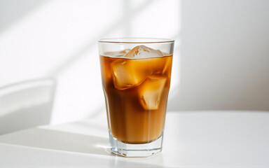 A cool iced coffee in a tall glass with ice cubes sits on a white table, illuminated by bright light casting soft shadows.