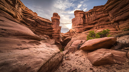 Serene canyon scene with a resilient tree growing in the heart of a majestic natural landscape.