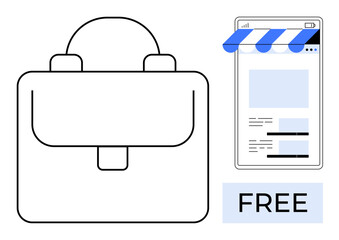 Briefcase next to smartphone with storefront detail and free tag. Ideal for entrepreneurship, e-commerce, free offerings, small business setup, digital marketing, sales growth, start-ups. Flat simple