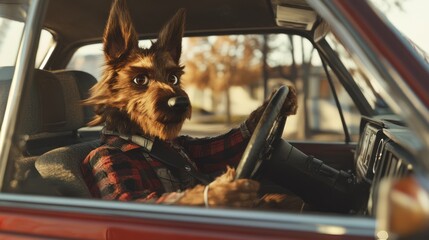 A canine anthropomorphic character is driving a classic red automobile