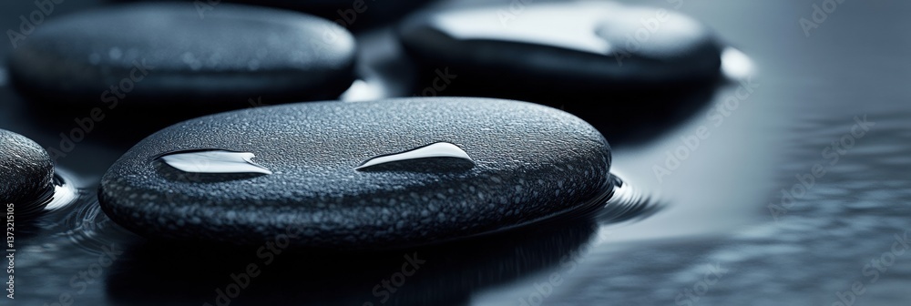Leinwandbilder Close-up view of smooth black river stones on a wet reflective surface with soft lighting and deep contrast enhancing minimalist textures