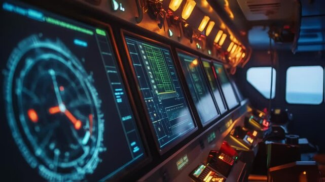 Futuristic spaceship navigation control panel showing data analysis changing over time with a radar and other digital information, in a dark environment