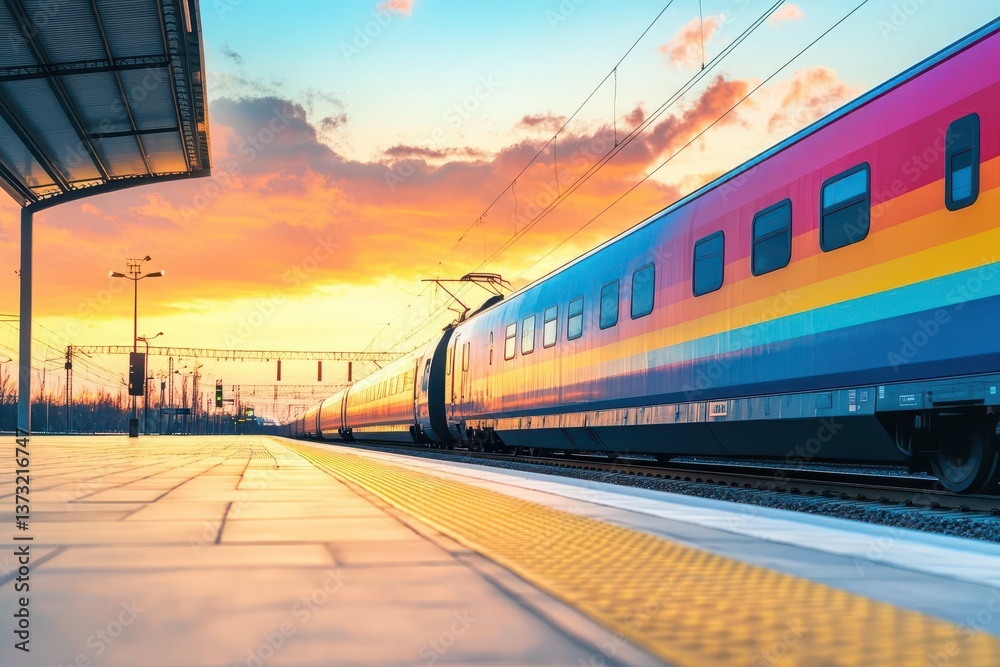 Poster beautiful view with modern high speed train on the railway station and colorful sky with clouds at s