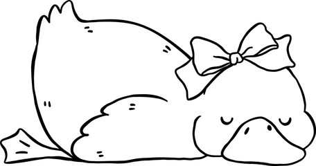 Cute Duck with Bow Sleeping Funny Cartoon Doodle Hand Draw