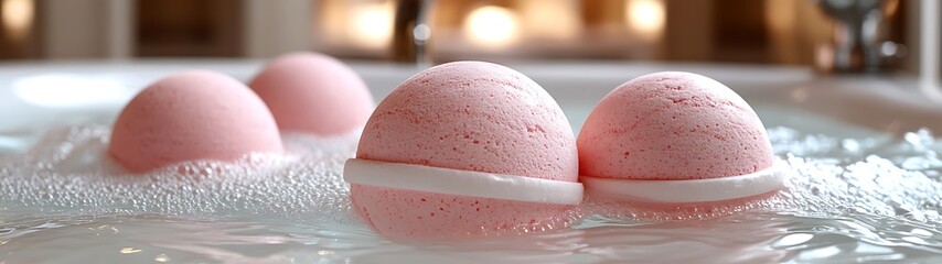 Several pink bath bombs floating in bubbly water inside a tub