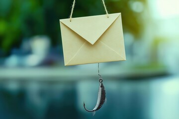 Creative phishing email trap concept highlighting cybersecurity awareness through a dangling envelope over water