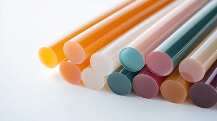 Naklejka premium Colorful plastic dowels arranged on a bright white background, showcasing a vibrant spectrum of colors and smooth surfaces