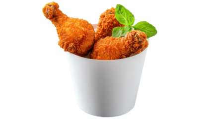 Crispy Fried Chicken Drumsticks in White Container with Basil Leaf