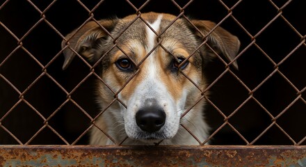A lonely dog's soulful gaze through rusty cage bars, yearning for a loving home, captured in dark, moody lighting.