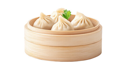 Steamed dumplings in bamboo steamer with fresh cilantro garnish