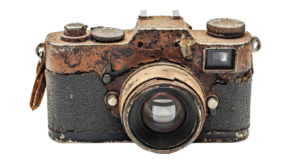 Vintage Rusty Camera with Worn Out Body and Lens on White Background