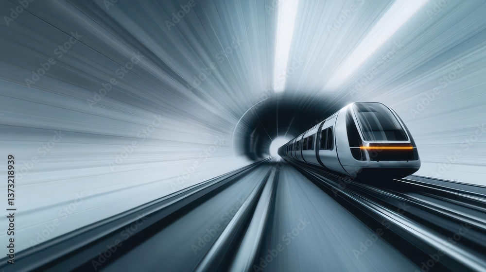Poster Black and white concept sketch of a futuristic highspeed train speeding through a streamlined tunnel