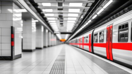 Obraz premium Black and white photo Blurred cars of the outgoing train on the metro platform