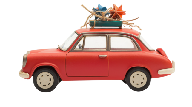 Vintage Red Toy Car with Gifts on Roof for Holiday Celebrations