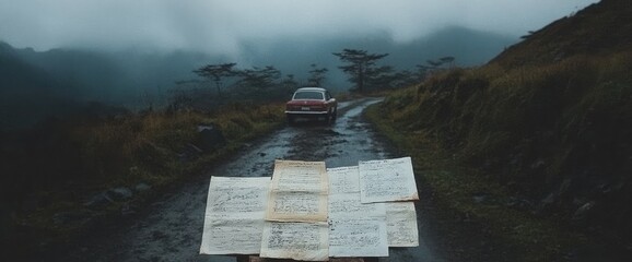 Fototapeta premium Open sheet music faces a vintage car on a winding road in misty mountain landscape