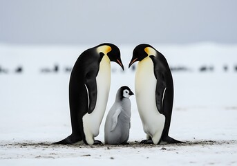 Obraz premium Two majestic emperor penguins tenderly guarding their fluffy chick on a pristine Antarctic landscape under a soft, overcast sky.