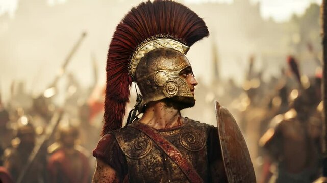 Ancient Greek Spartan warrior wearing ornate bronze helmet with dramatic red crest. Battle worn soldier with blood spatter, golden armor and shield visible amid battlefield haze. Historical combat.